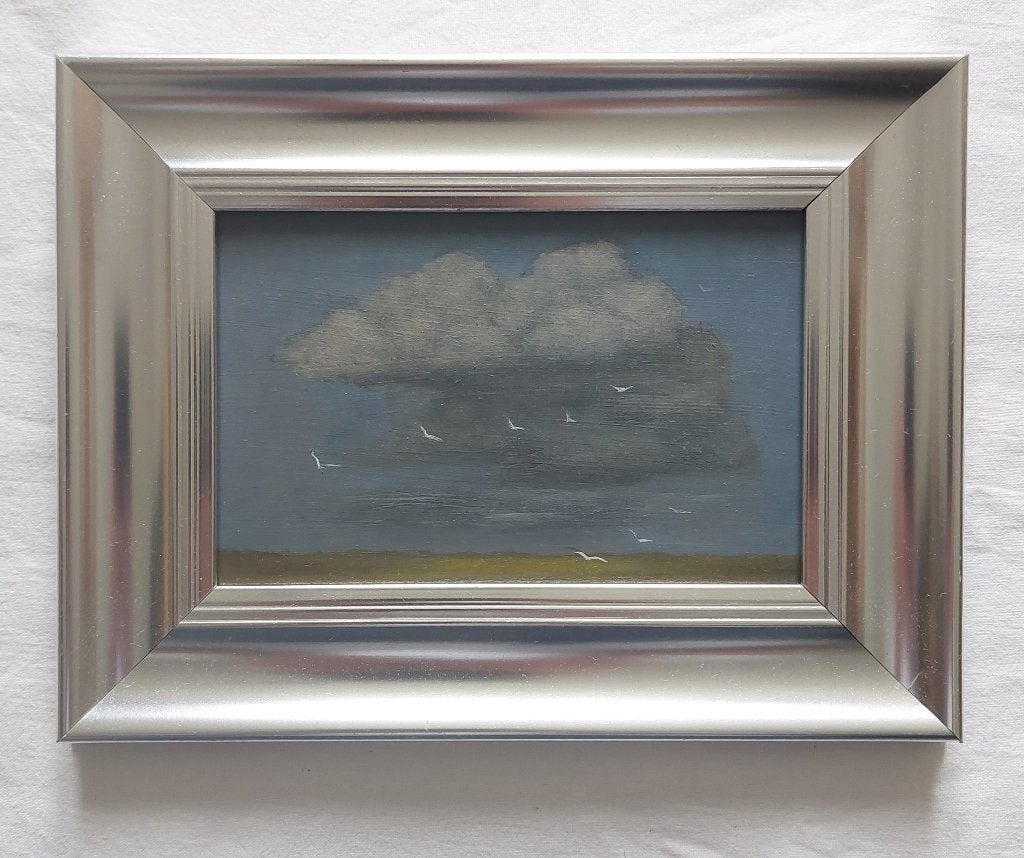 Landschap met Zomerse Lucht en Meeuwen - Olieverf, Paneel, Realistisch, Bijzondere lijst, Ophalen of Verzenden