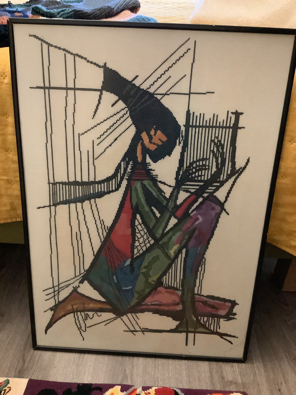 Vintage Borduurwerk 'De Harp' Ingelijst - 48x67 cm, Ophalen