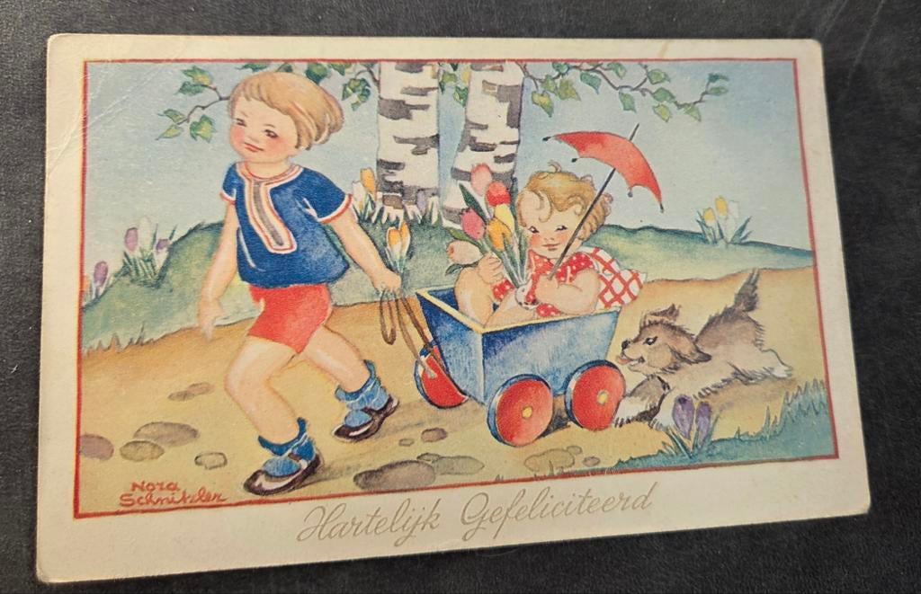 Jongen met bolderkar met meisje en hondje - Nora Schnitler, Verzenden, 1940 tot 1960, Gelopen, Kinderen