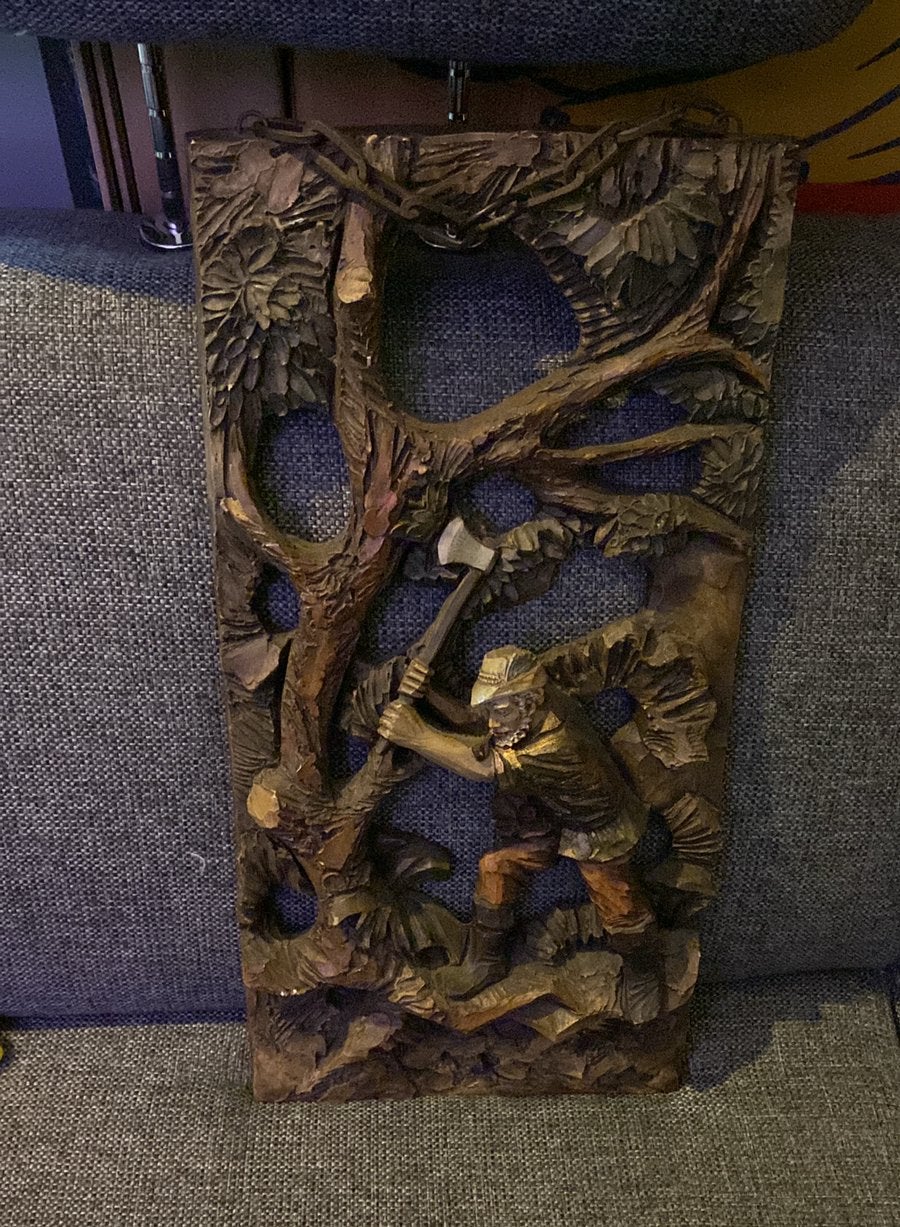 Vintage hangpaneel met houthakker, Ophalen of Verzenden