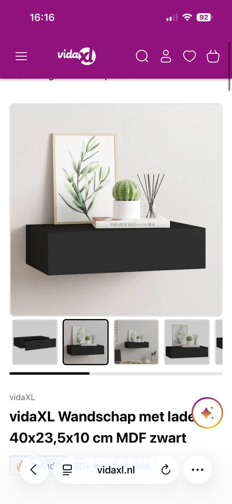 vidaXL Wandschap met lade 40x23,5x10 cm MDF zwart, Ophalen of Verzenden, Nieuw