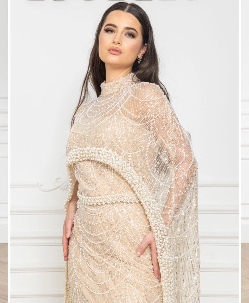 Galajurk avondjurk feestjurk cocktaildress maat 38, Kleding | Dames, Maat 38/40 (M), Galajurk, Beige, Ophalen of Verzenden