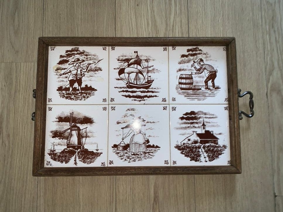 Vintage onderzetter met Delfts Blauw-achtige tegels, Antiek en Kunst, Ophalen of Verzenden