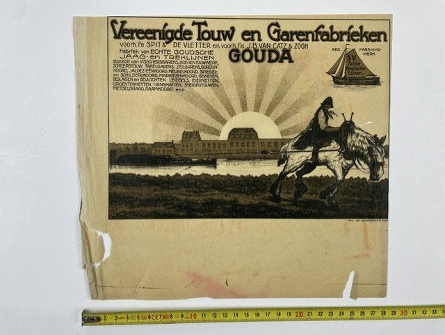 oude etiket Vereenigde Touw en Garenfabrieken Gouda, Verzamelen, Antiek, Antiek, Antiek, Gebruikt