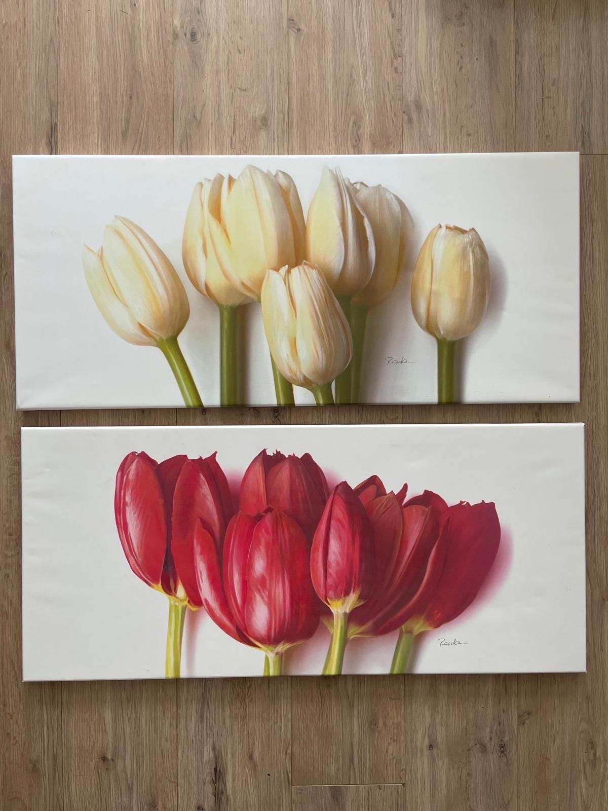 Set van 2 Canvas Schilderijen: Witte en Rode Tulpen, Ophalen, Zo goed als nieuw, Schilderij, 75 tot 100 cm