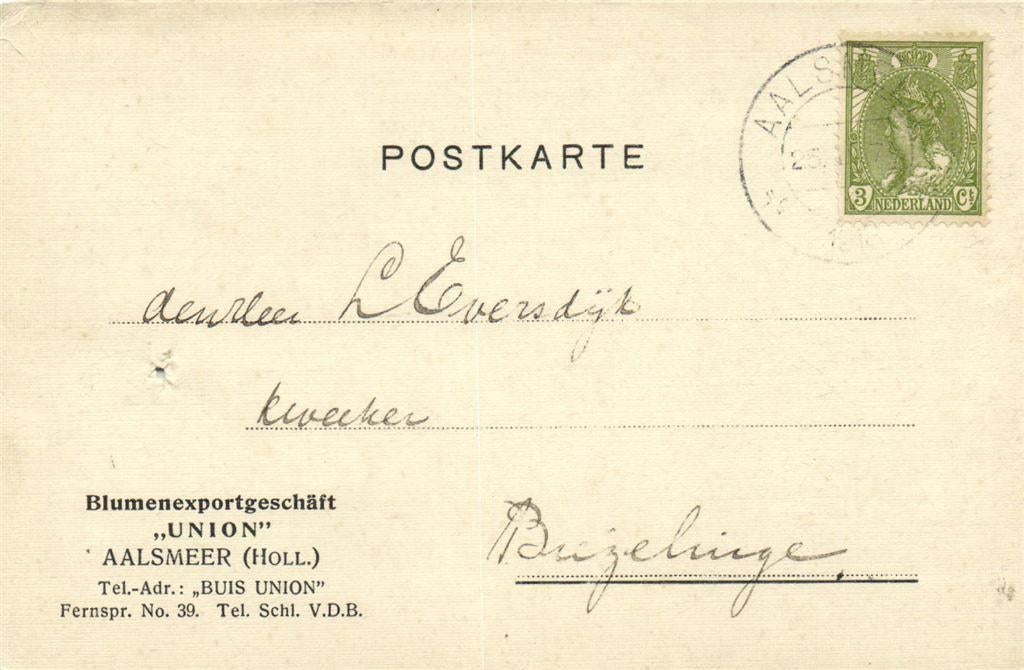 Blumenexportgeschaft UNION, Aalsmeer - 02.1918 - Postkarte, Ophalen of Verzenden, Briefkaart