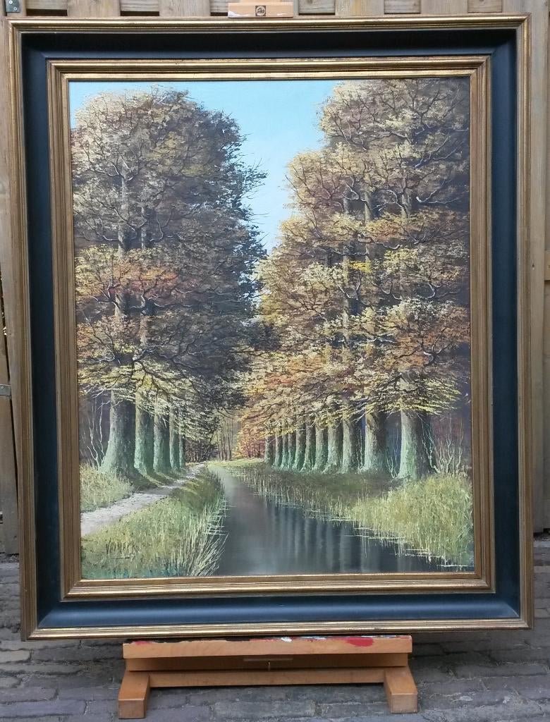 Verkerk olieverfschilderij bomenrij langs water 99x78 cm, Antiek en Kunst, Ophalen