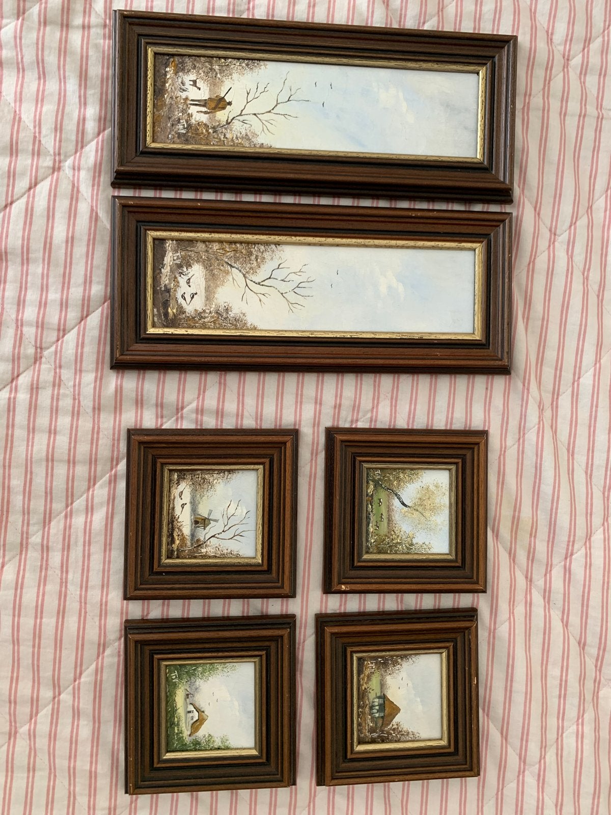 Set van 6 mini schilderijtjes met landschappen en dieren, Paneel, Ophalen of Verzenden, Olieverf, Klassiek