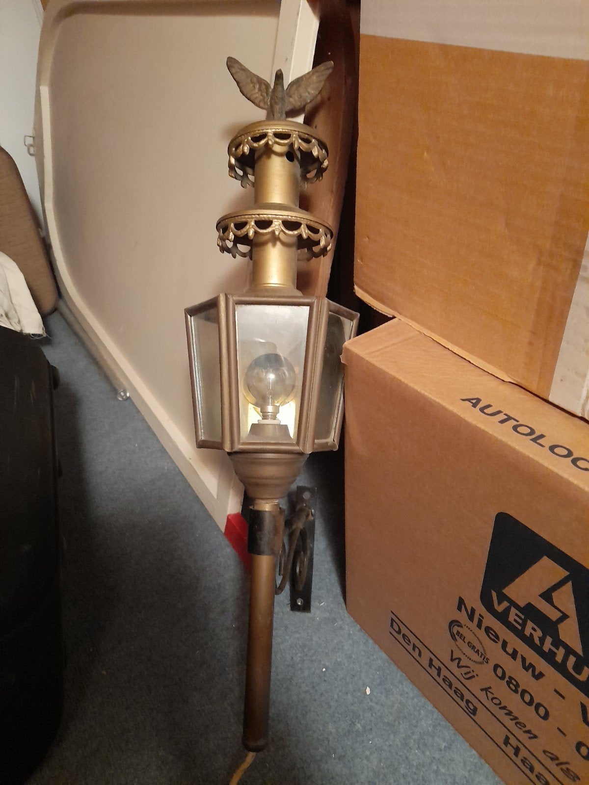 Antieke koperen koetslamp met adelaar decoratie, Ophalen of Verzenden