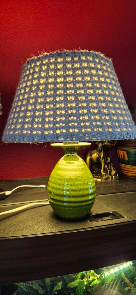 Terra Cotta Tafellamp met Groene Glazuur en Stoffen Kap, Ophalen of Verzenden