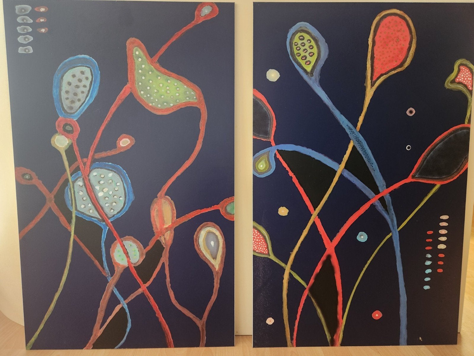 Abstracte Bloemen Kunstwerk - Set van 2 Schilderijen, Acrylverf, Ophalen of Verzenden, Overige materialen, Met textuur