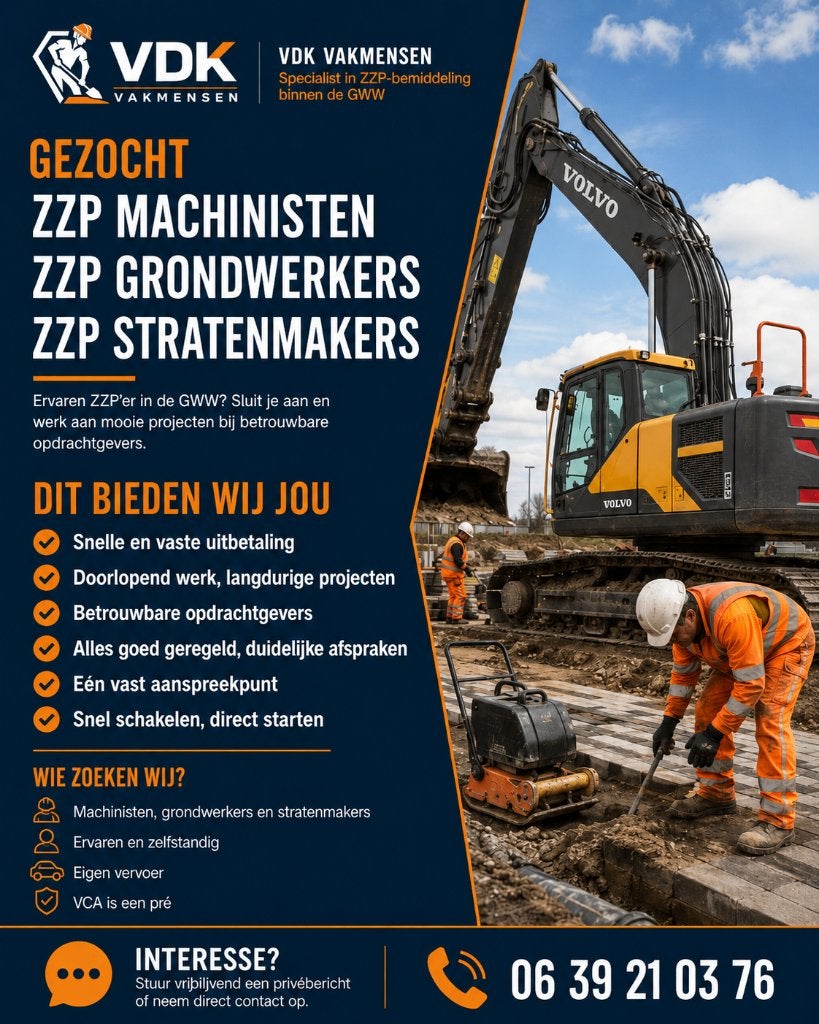 ZZP Machinisten / Grondwerkers / Stratenmakers gezocht | GWW, 33 - 40 uur, Overige niveaus, Freelance of Uitzendbasis