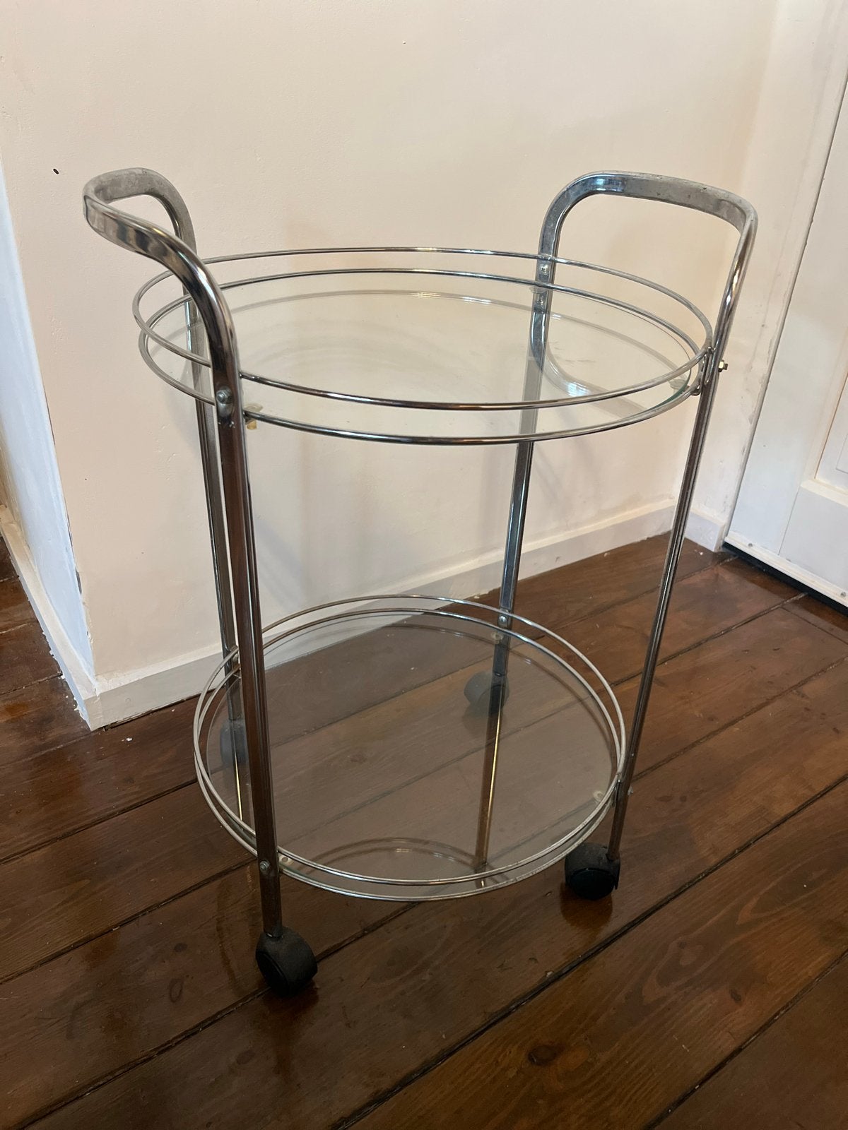Vintage Barcart/Bijzettafel Chroom & Glas - Rond, Minder dan 55 cm, Gebruikt, Metaal of Aluminium, Rond