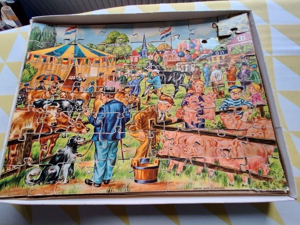 puzzel boeren vintage 57 stukjes veemarkt boerenmarkt, Ophalen of Verzenden, Meer dan 50 stukjes, 6 jaar of ouder