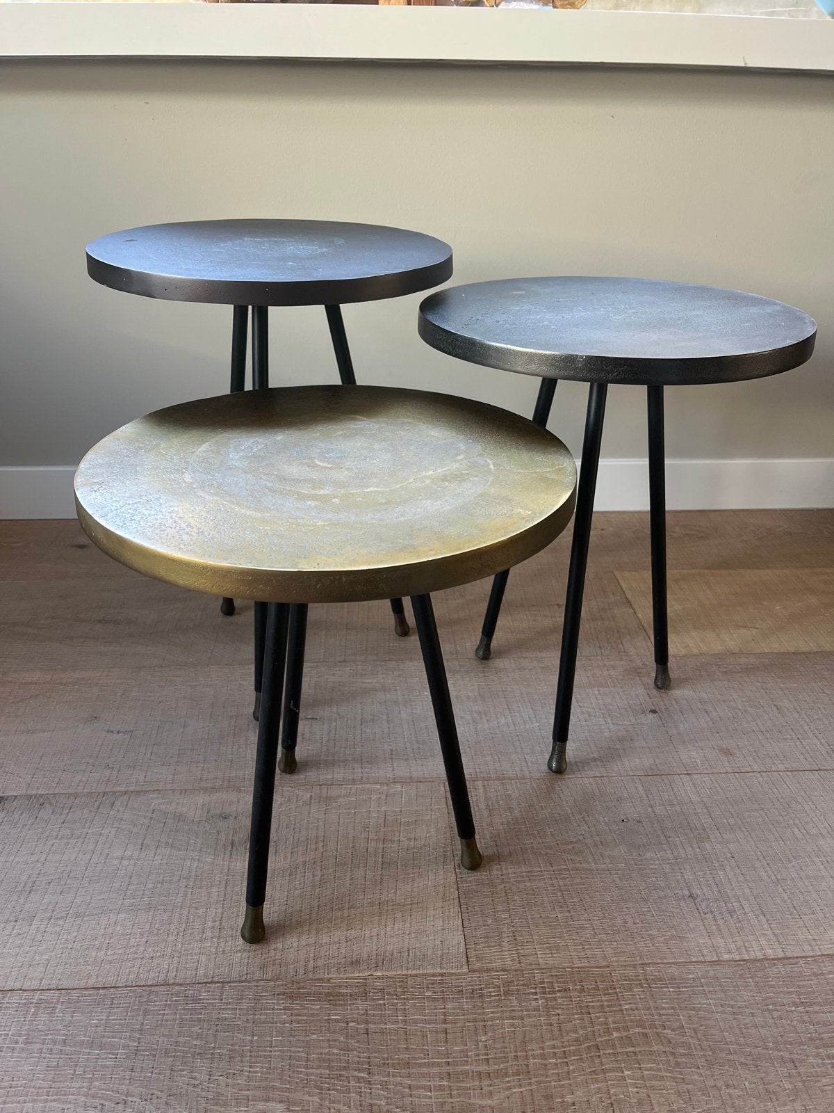 Dutchbone Alim Set van 3 bijzettafels - Rond - Metaal, 45 tot 60 cm, Minder dan 55 cm, Gebruikt, Metaal of Aluminium