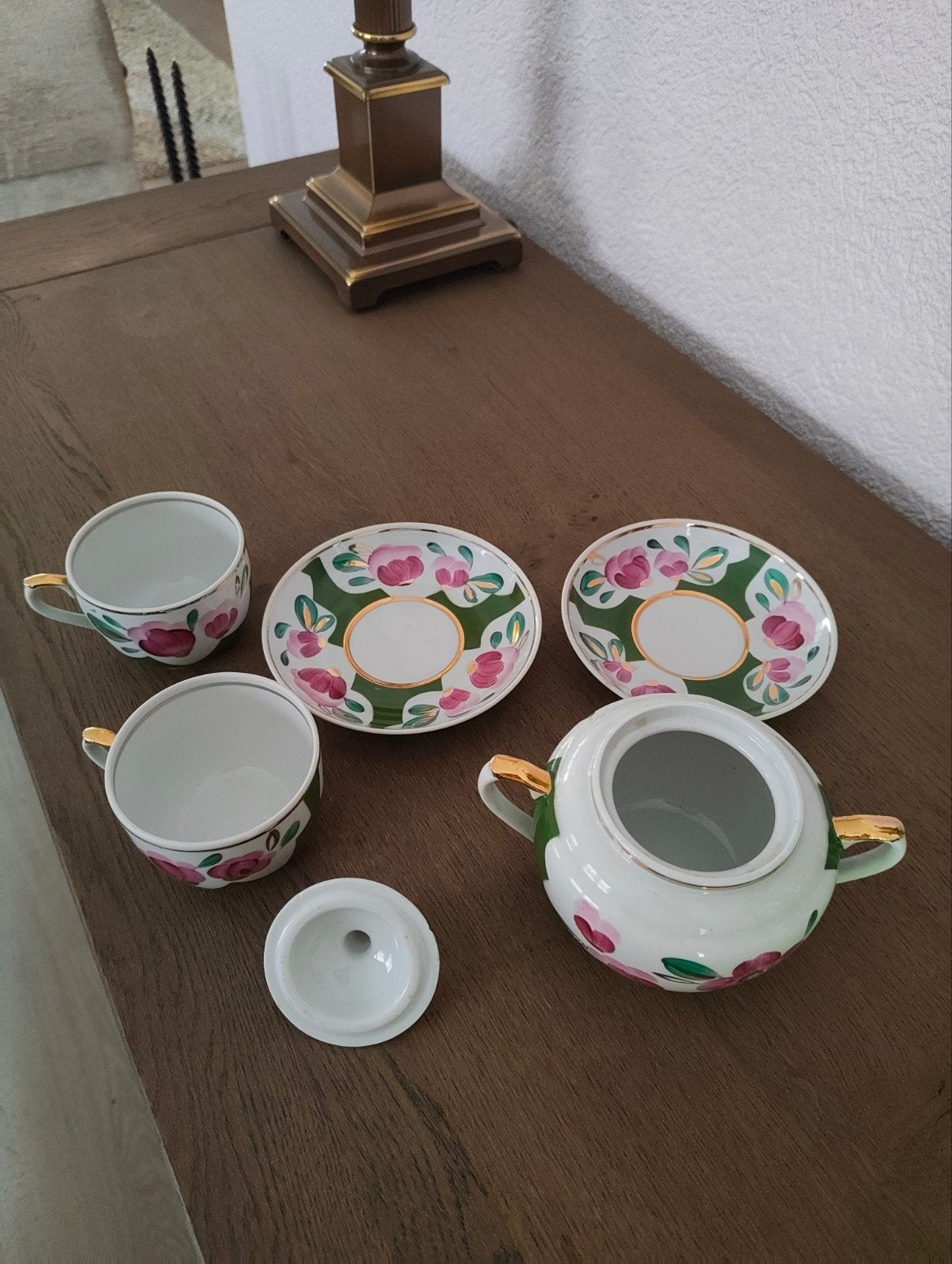 Antieke Verbilki Suikerpot met Twee Kop en Schotels, Ophalen of Verzenden