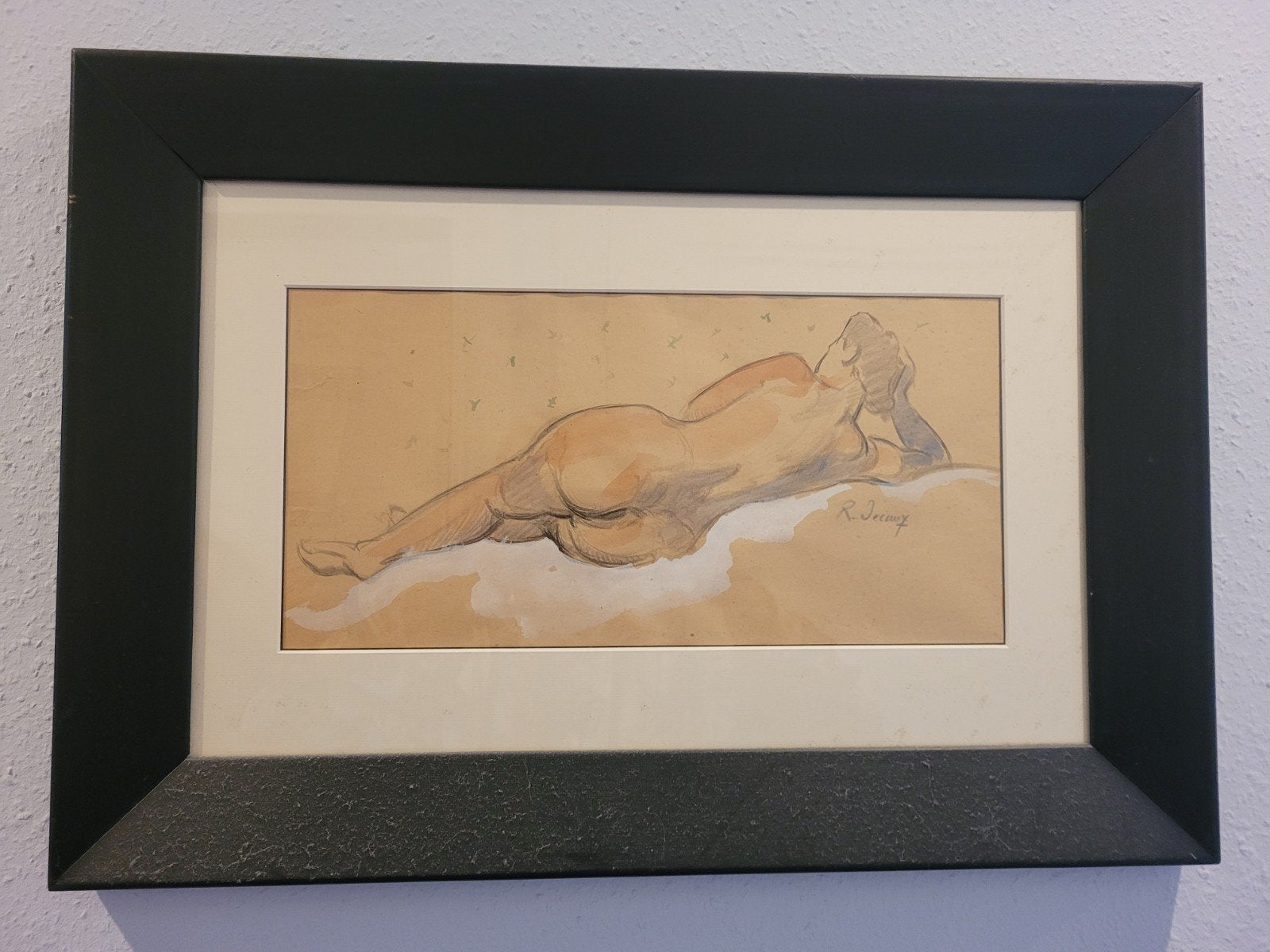 Ingelijste naakte vrouw tekening, gesigneerd R. Smag, Ophalen of Verzenden