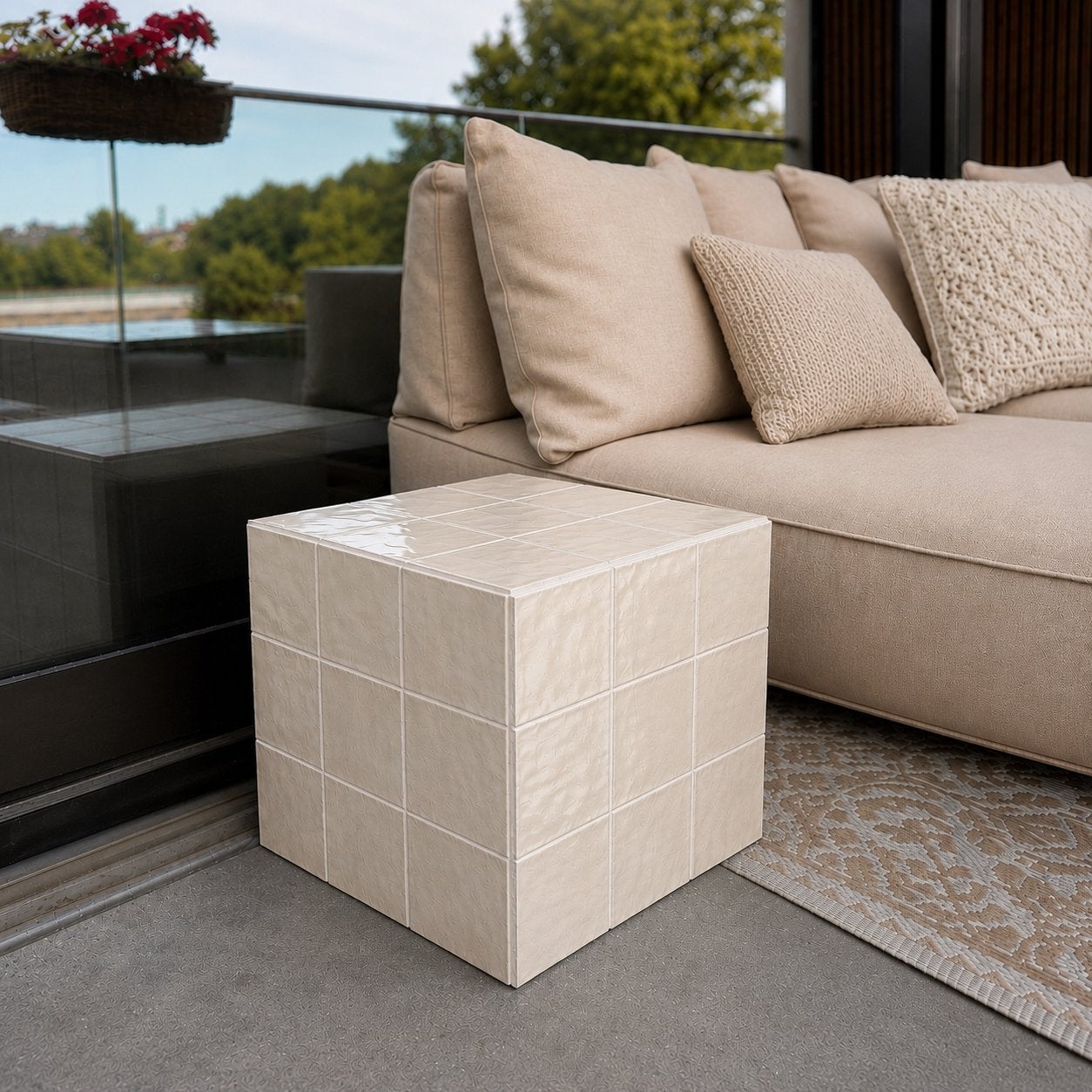 bijzettafeltje tegel kubus beige parelmoer 30x30x30 cm, Huis en Inrichting, Tafels | Bijzettafels, Minder dan 55 cm, Rond, Zo goed als nieuw