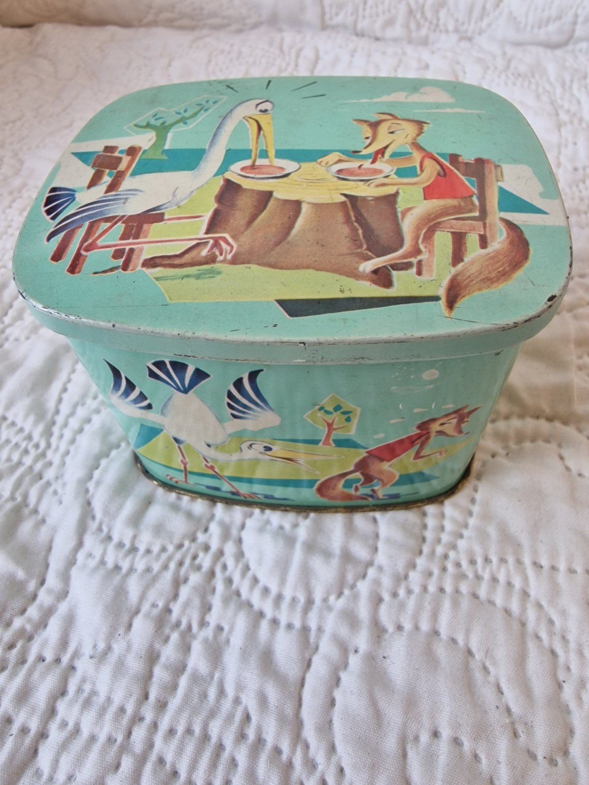 Vintage blikken trommel De Vos en de Ooievaar, Ophalen of Verzenden