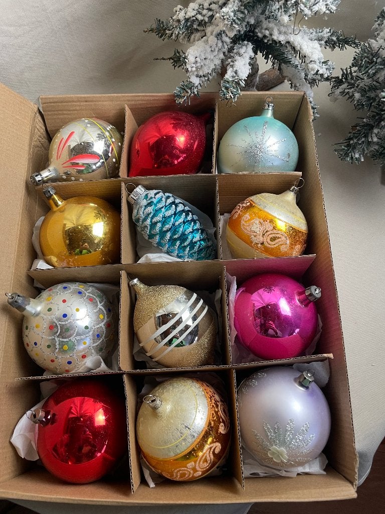Oude gekleurde glazen kerstballen groot, Ophalen of Verzenden, Gebruikt