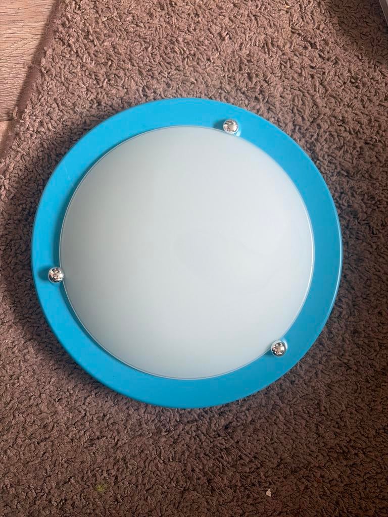 Blauwe plafondlamp met melkglas kap, Ophalen of Verzenden, Zo goed als nieuw