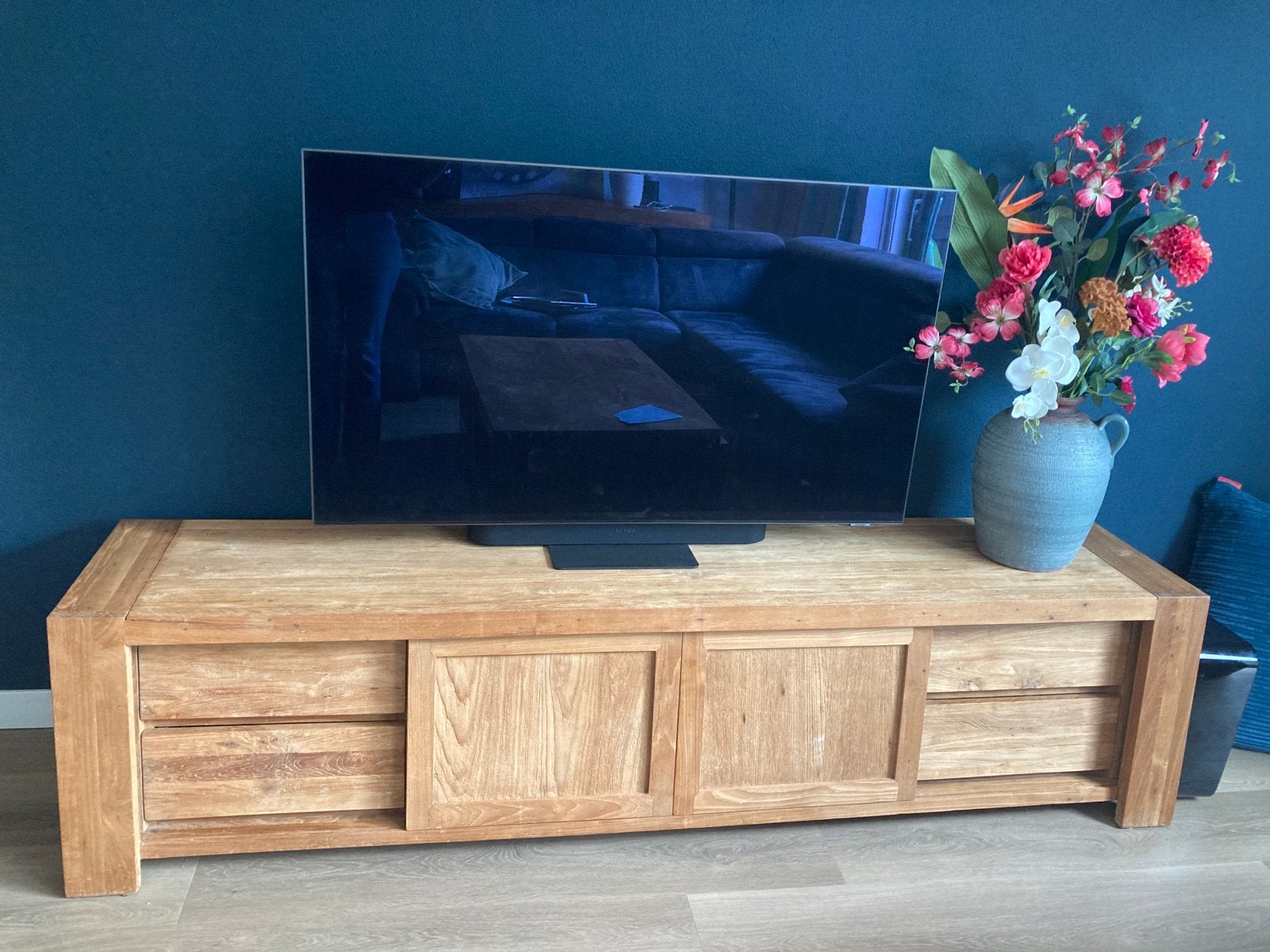 Teakhouten tv-meubel, massief, teak, goede staat, Teakhout, Ophalen of Verzenden, Zo goed als nieuw, 200 cm of meer