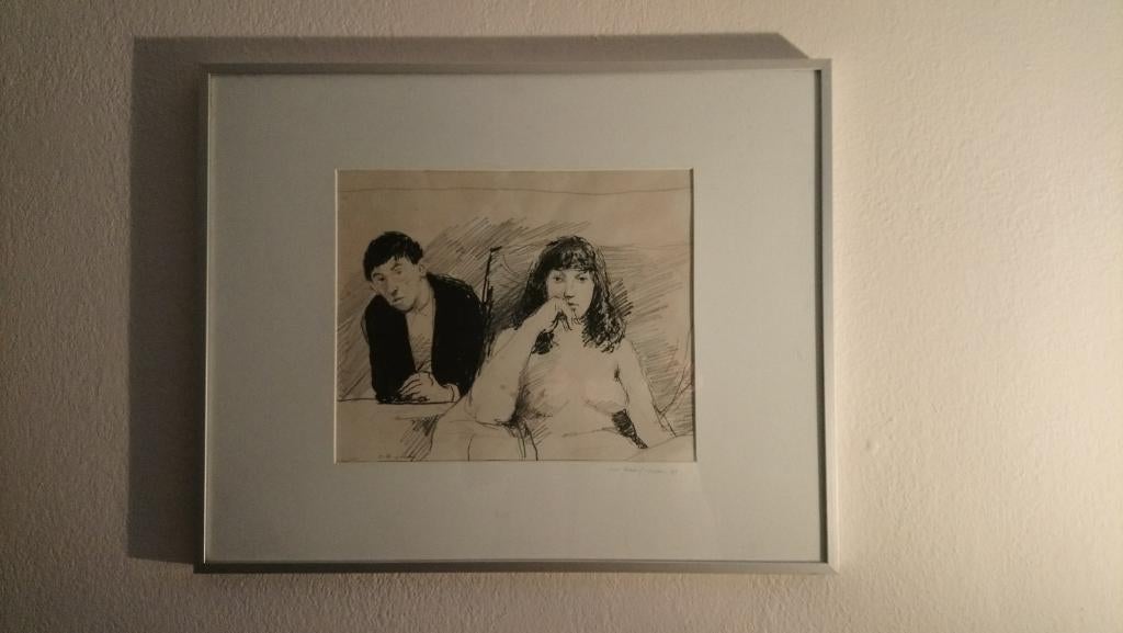Aat Veldhoen Rotaprent Zelfportret met Diny - ingelijst, Antiek en Kunst, Ophalen of Verzenden