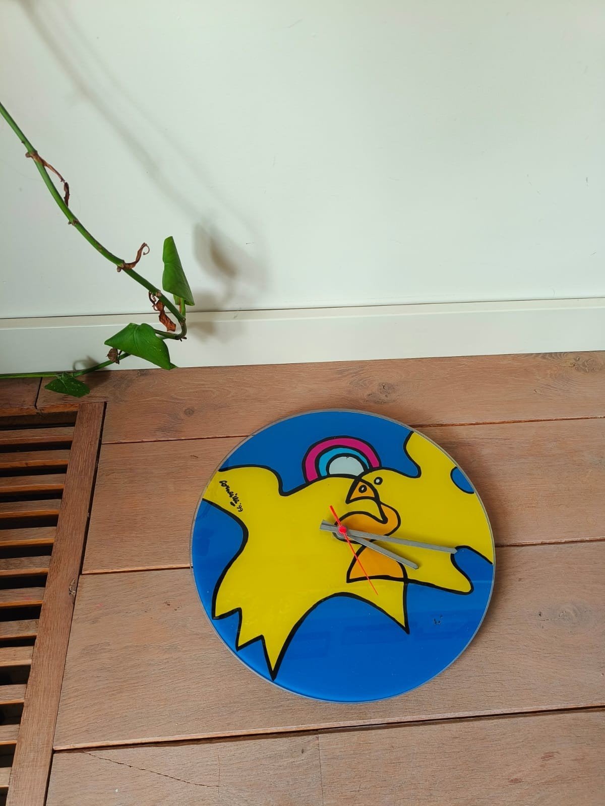 Corneille wandklok glas, Ophalen of Verzenden, Gebruikt, Geel, Wandklok