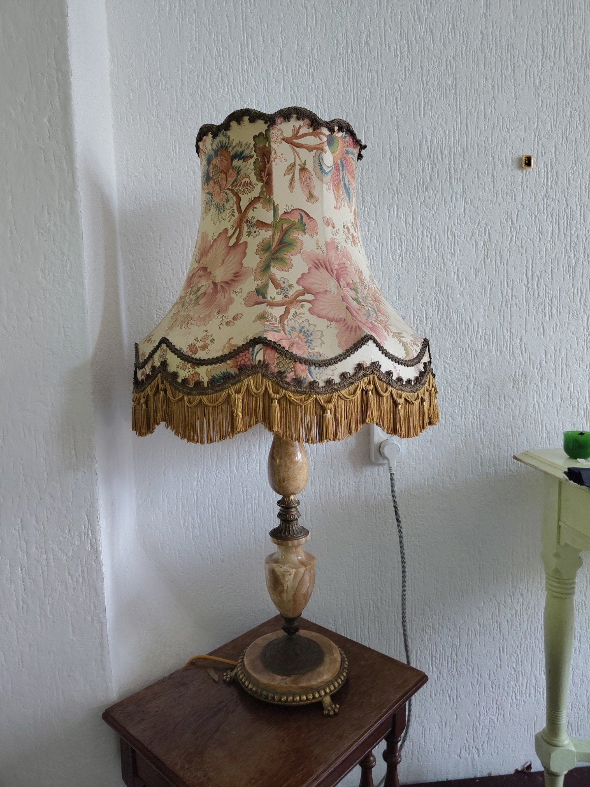 Vintage Tafellamp met Bloemmotief Kap en Marmeren Voet, Ophalen