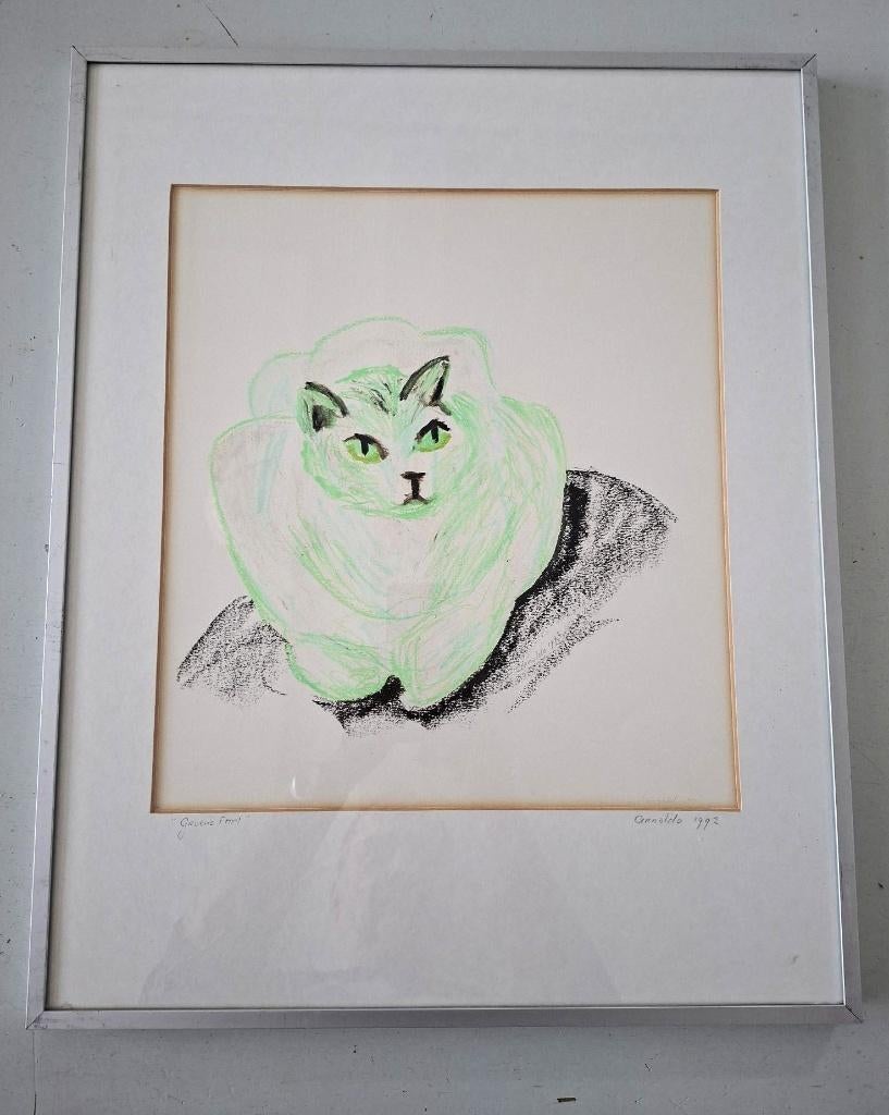 pastel tekening kat poes expressief gesigneerd Arnaldo 1992, Antiek en Kunst, Ophalen of Verzenden