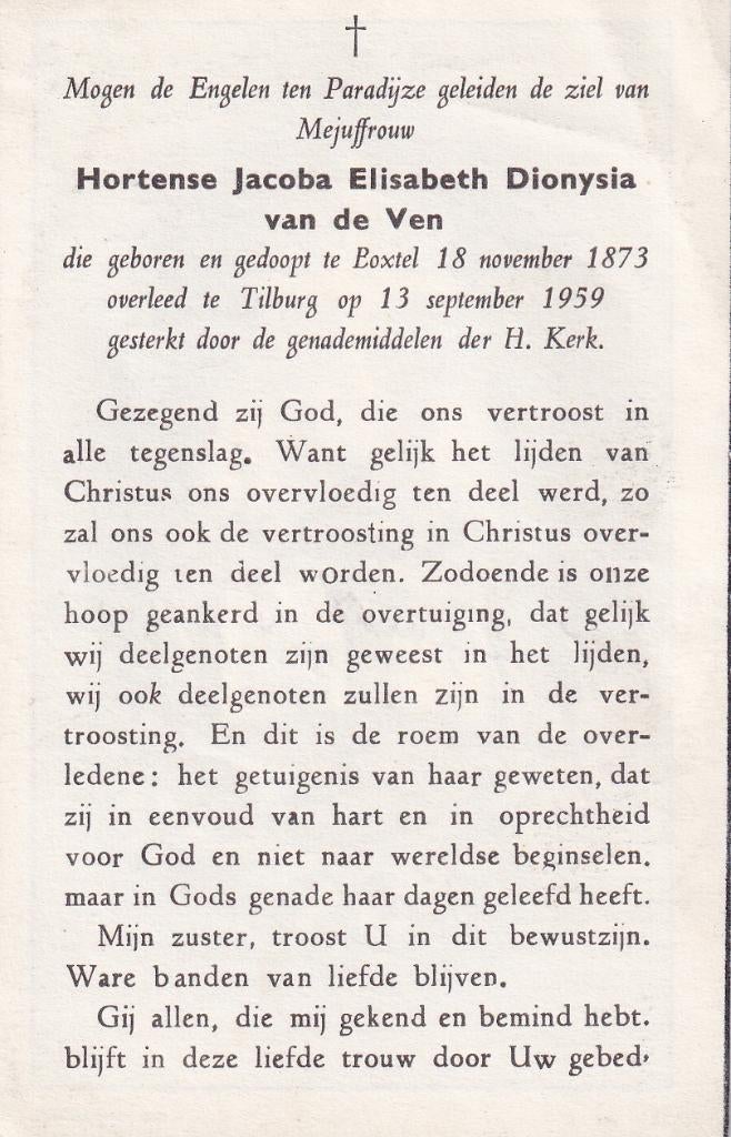 Ven Hortense 1873 Boxtel 1959 Tilburg, Ophalen of Verzenden, Bidprentje