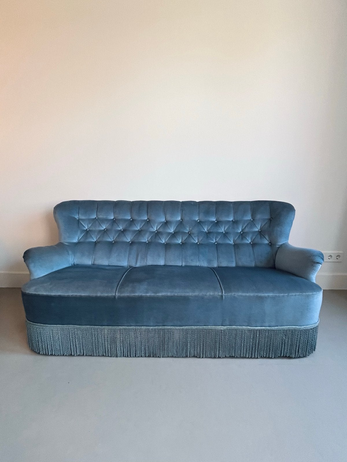 Vintage 3-zits bank jaren '60 - Blauw fluweel met franjes, Ophalen of Verzenden