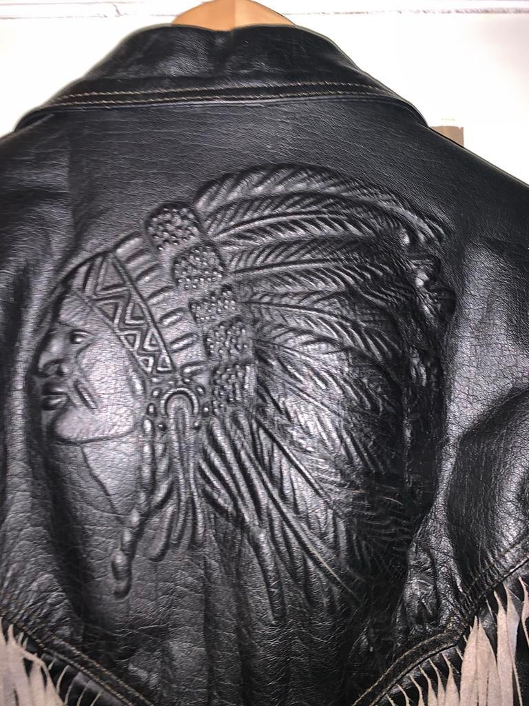 Vintage Gringo Leren biker Jas met Indiaan Reliëf en Franjes, Ophalen of Verzenden, Tweedehands, Heren, Jas | leer
