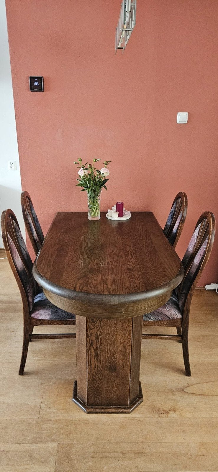 Eikenhouten eettafel met 4 stoelen, Gebruikt, 100 tot 150 cm, Klassiek, Eikenhout