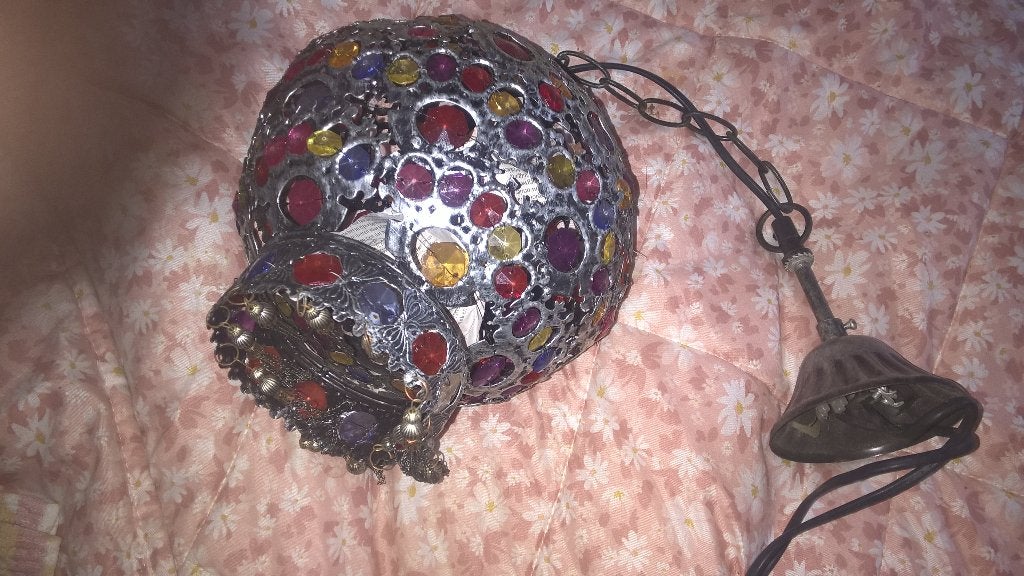 HANGLAMP ZILVER MET GEKLEURDE STEENTJES EN FRANJE, Ophalen, Gebruikt, Kunststof