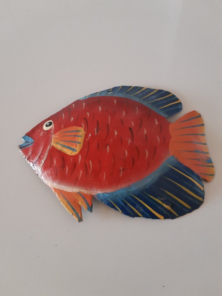 Kleurrijke metalen vis wanddecoratie / handgeschilderd, Metaal, Meerkleurig, 13 cm, Ophalen of Verzenden