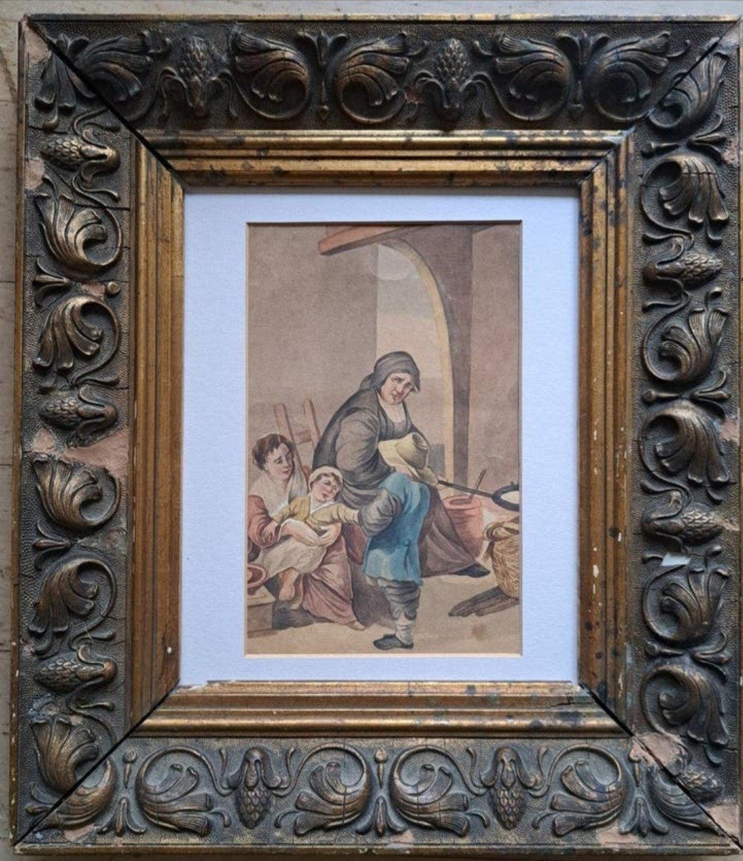 Antieke aquarel: Moeder + kinderen in huiselijke setting 19e, Ophalen of Verzenden
