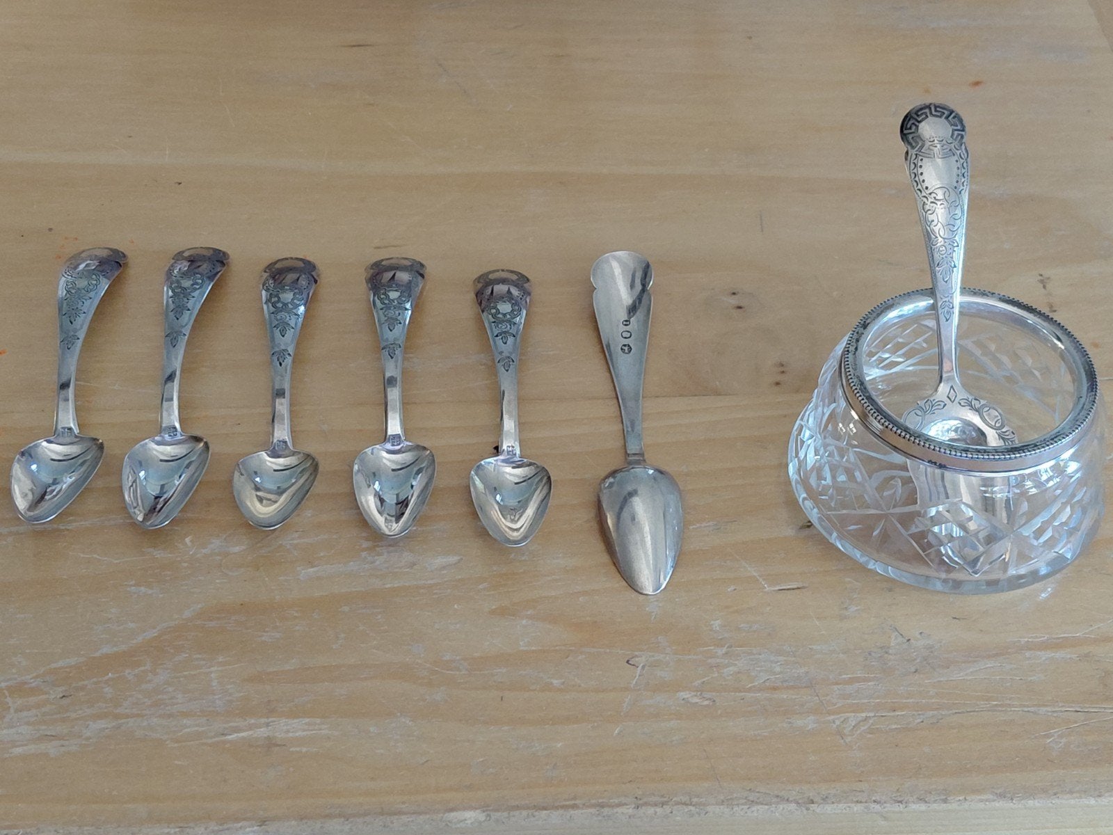 6 ZILVER GEMERKTE THEE LEPELS INCL SUIKER SCHEP EN  POTJE, Ophalen of Verzenden, Zilver