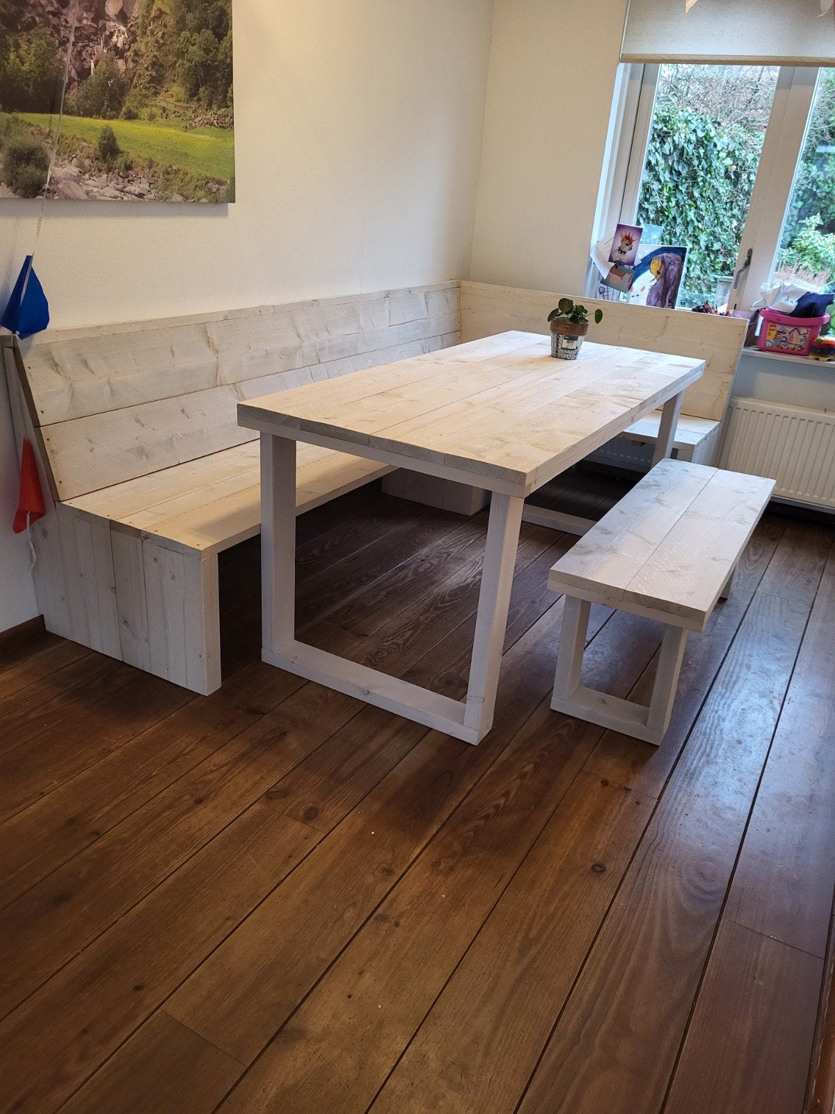Hoekbank eettafel bankje set steigerhout, Ophalen, Nieuw