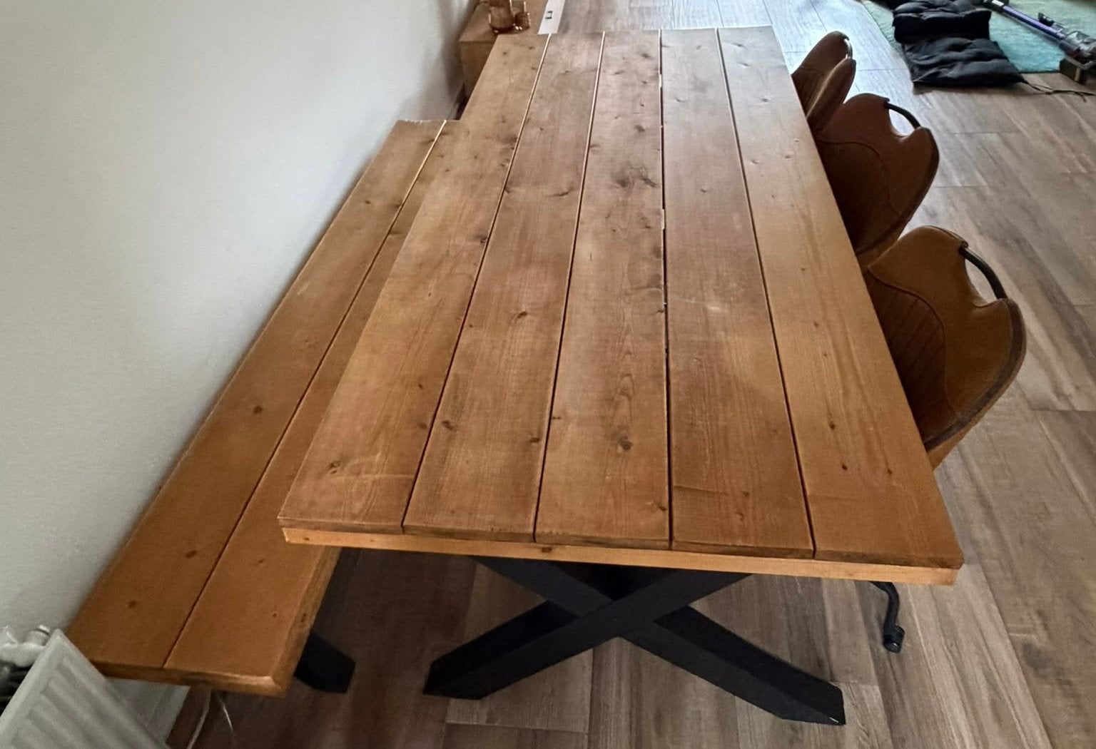 Complete houten eettafel set met 3 stoelen en eetbankje, Ophalen, Gebruikt, 200 cm of meer, 50 tot 100 cm