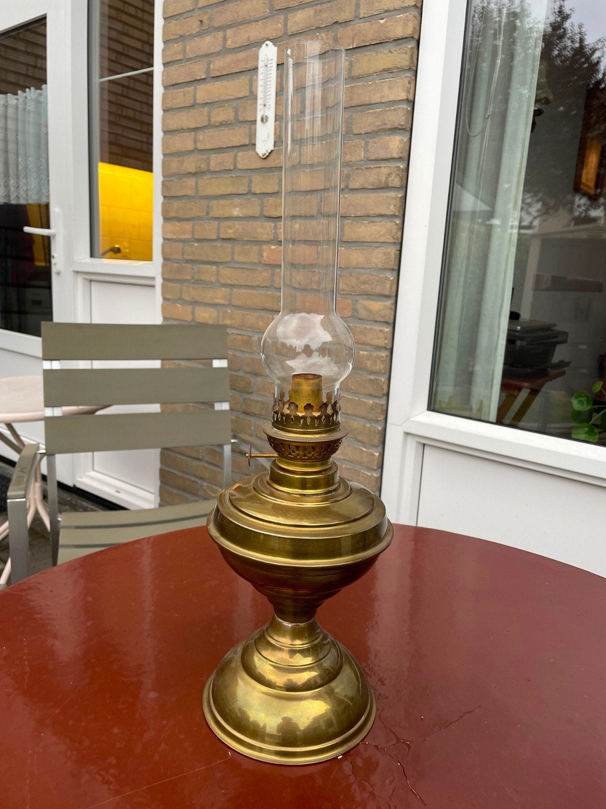Antieke Messing Petroleumlamp Olielamp Met Glas, Ophalen of Verzenden