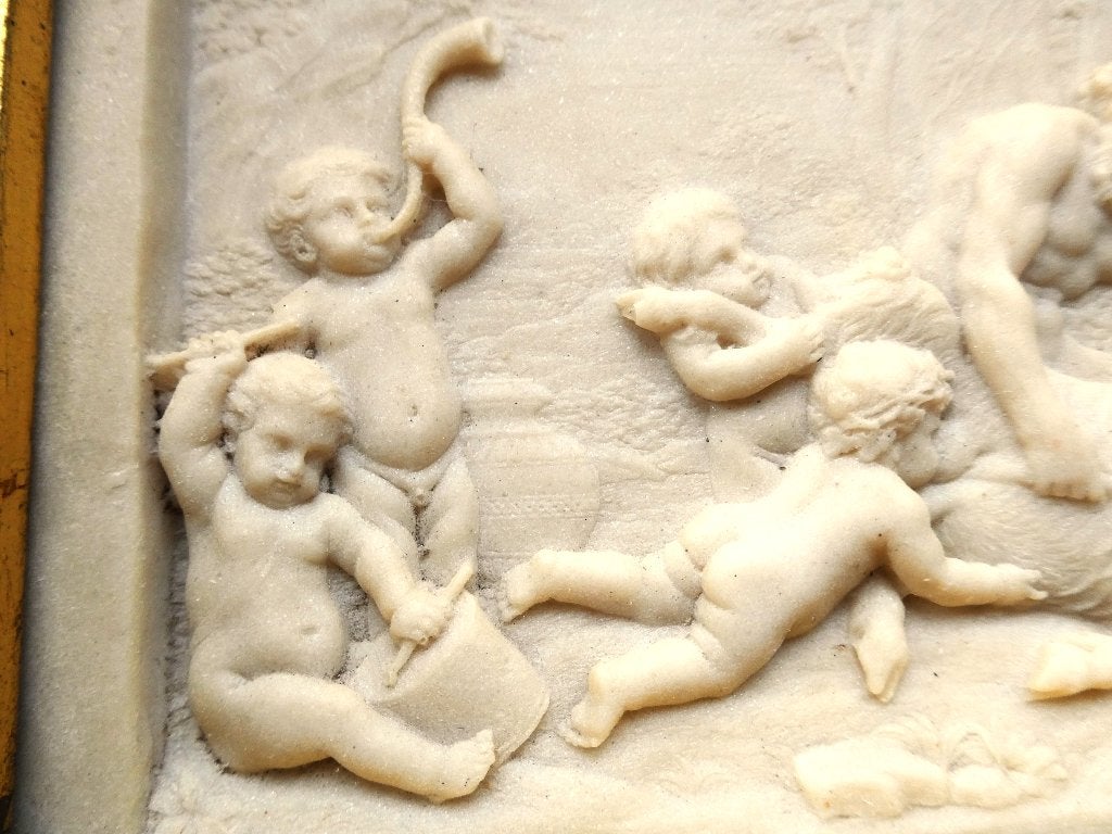 Albast plaquette gouden lijst Bacchanten putti geit God Pan, Antiek en Kunst, Curiosa en Brocante, Ophalen of Verzenden