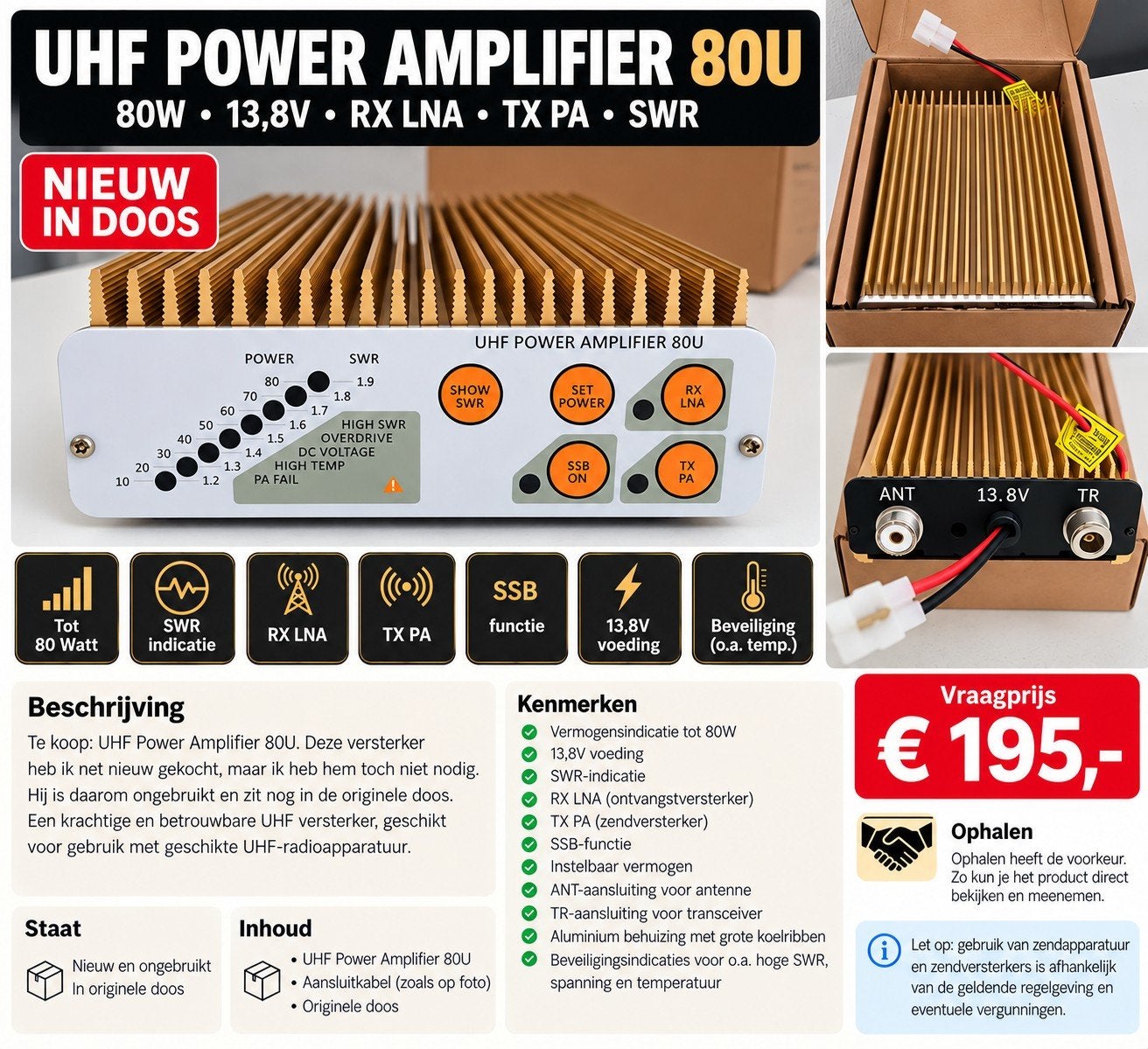 UHF Power Amplifier 80W - Nieuw in doos, Telecommunicatie, Ophalen, Nieuw, Zender