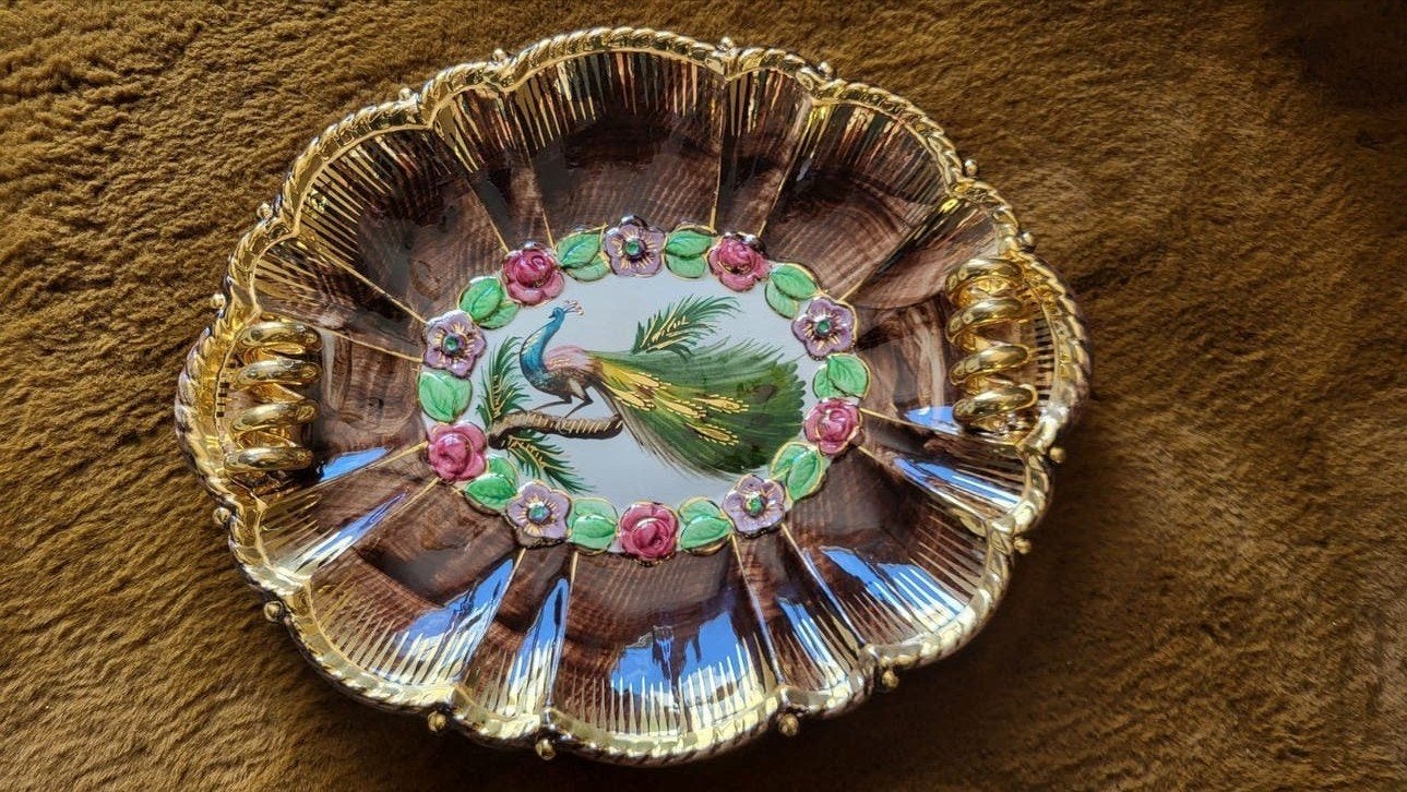 Vintage Belgische Keramische Schaal met Pauwdecoratie, Antiek en Kunst, Ophalen