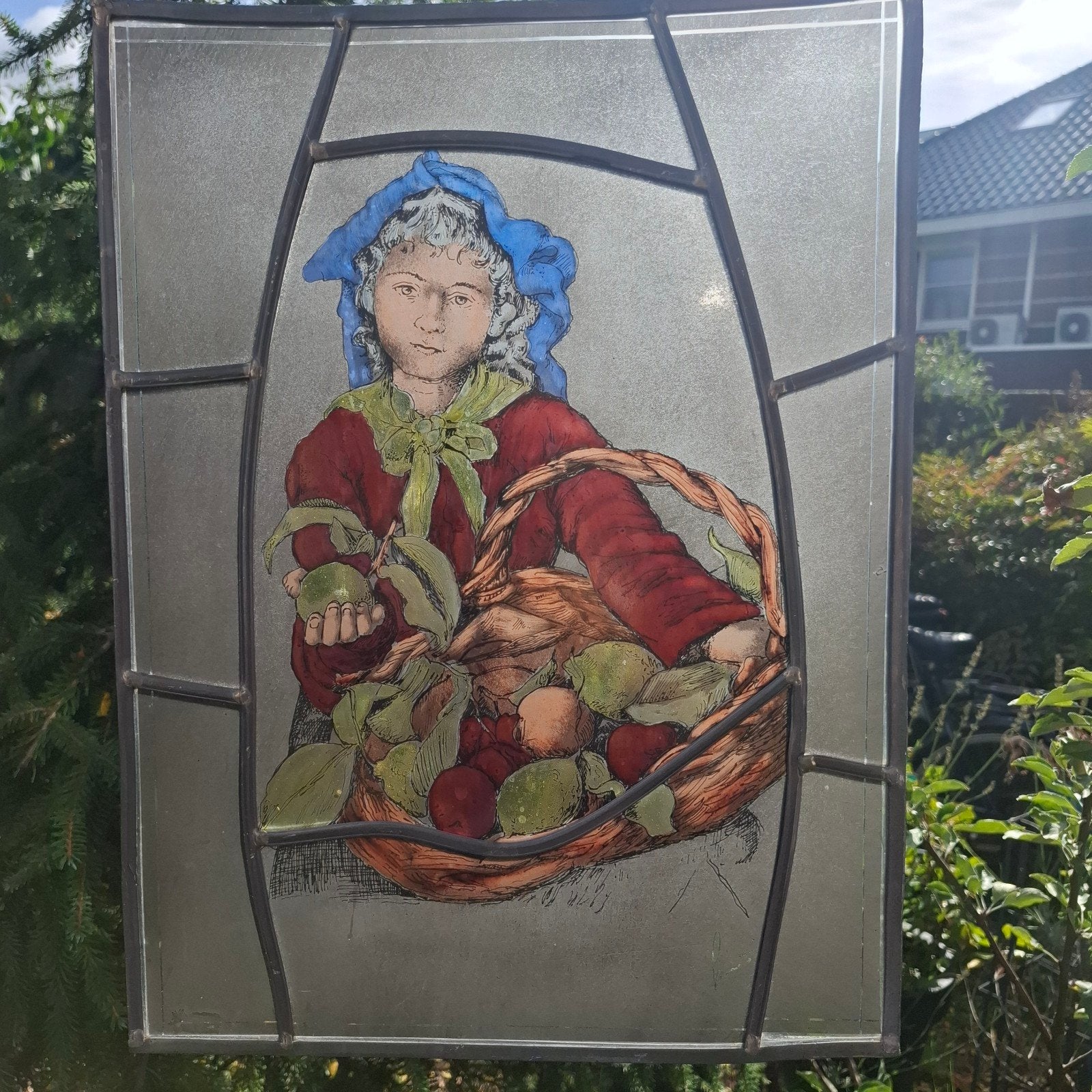 Prachtig antiek glas-in-lood paneel / raamhanger (gesigneerd, Antiek en Kunst, Ophalen of Verzenden