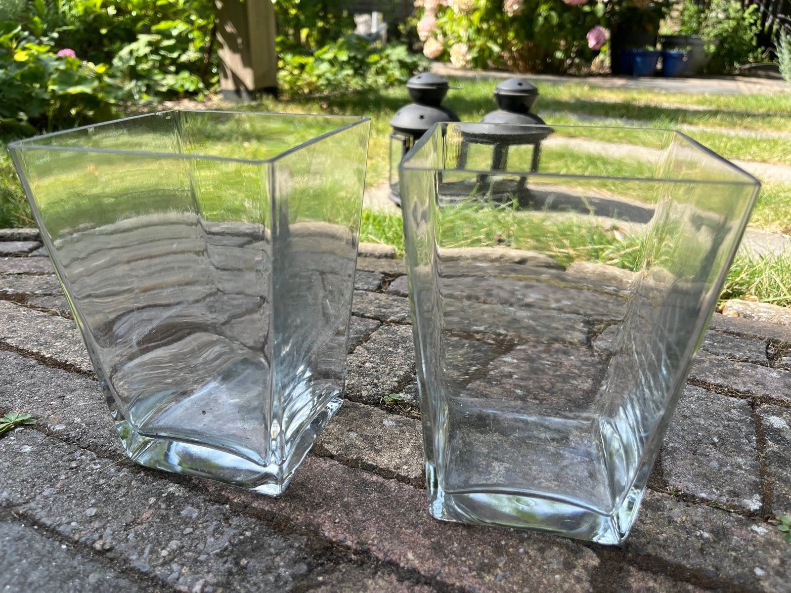 Set van 2 glazen vazen - vierkant, transparant, Ophalen, Gebruikt, Transparant, Glas