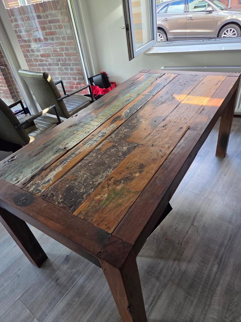 Vintage eettafel van gerecycled hout, Huis en Inrichting, Tafels | Eettafels, Ophalen, 50 tot 100 cm, 150 tot 200 cm, Vier personen