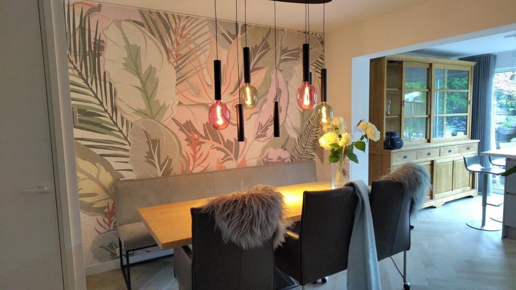 Eikenhout tafel met 6 lederen eetkamerstoelen, Ophalen, Eikenhout, 200 cm of meer, 50 tot 100 cm
