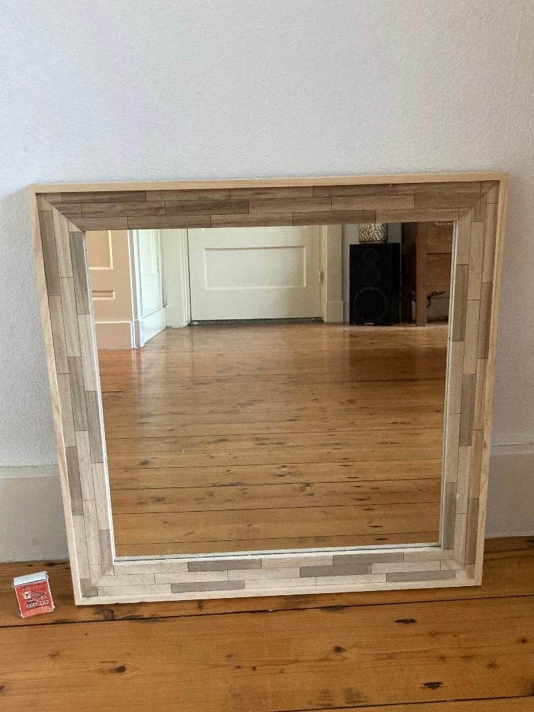 Moderne houten Scandinavische spiegel ingelegd hout staafjes, Minder dan 50 cm, Vierkant, Ophalen of Verzenden, Zo goed als nieuw