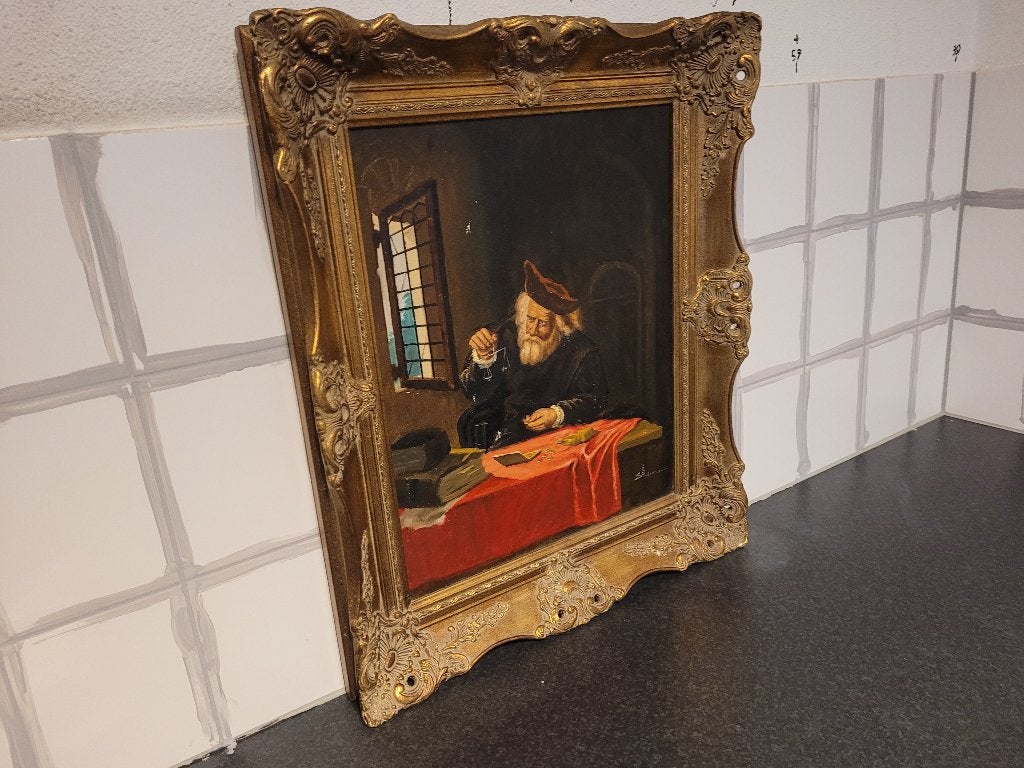 Olieverfschilderij "De Goudweger" in stijl van S. Konink, Doek, Portret of Personen, Ophalen of Verzenden, Gesigneerd